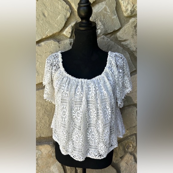 Hollister La,ce Off The Shoulder Top Blouse M/L Ivory Lined Cropped‎ Excellent - Picture 1 of 8